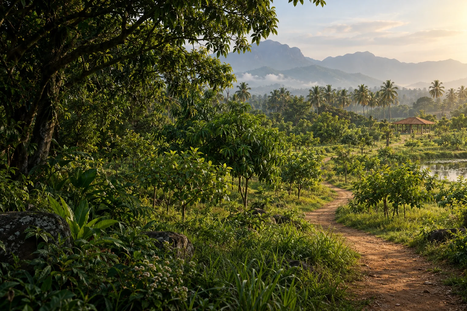 Concept illustration of a lush tropical orchard, a winding path and a proposed rainwater pond