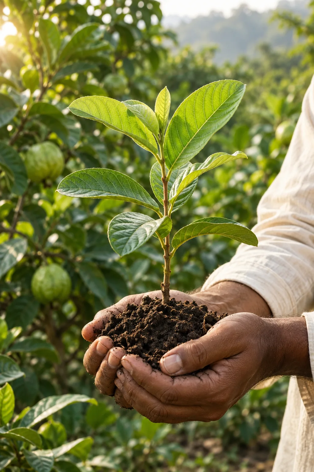 Illustrative image of hands gently holding a young sapling in rich soil