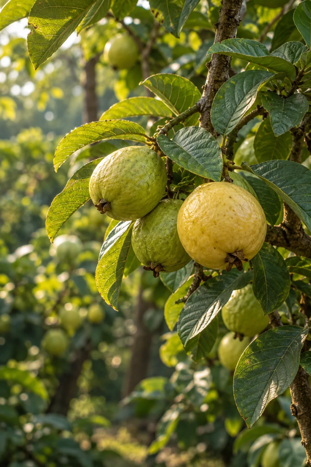 Illustrative botanical study of guava fruit and sunlit leaves